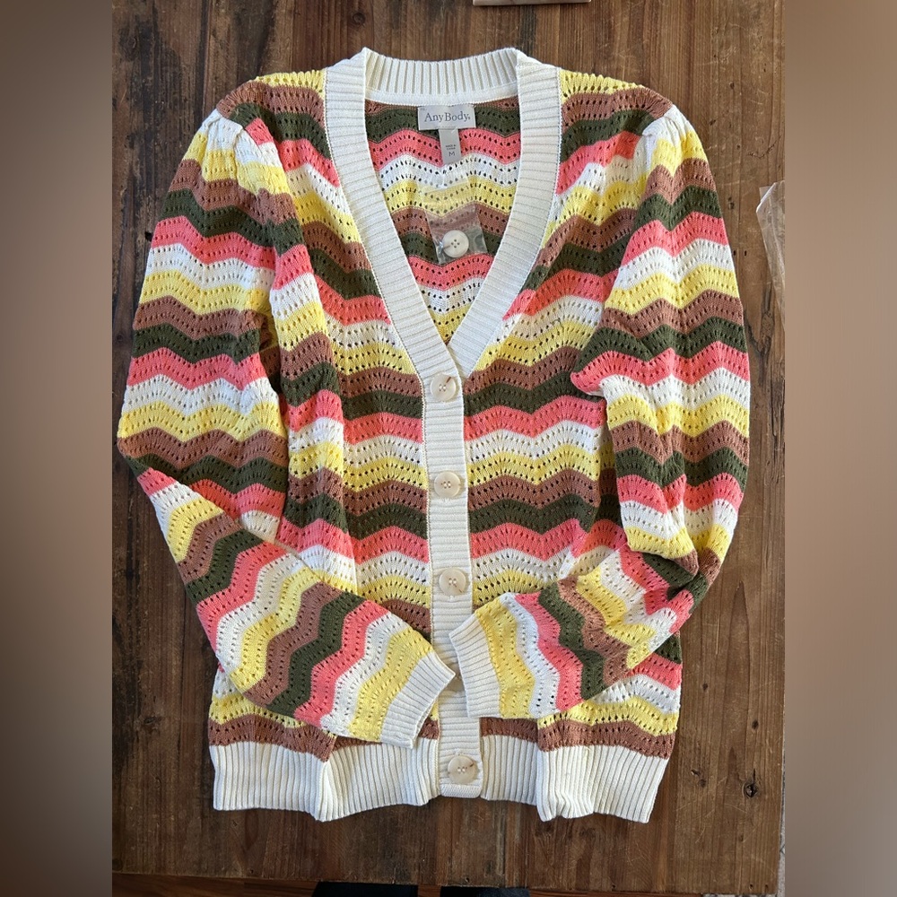 AnyBody Crochet Stripe Cardigan in Coral, Yellow & Olive